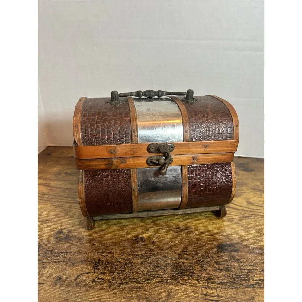 Vintage Treasure Chest Wooden Faux Croc Metal Accent Trinket Box Decorative